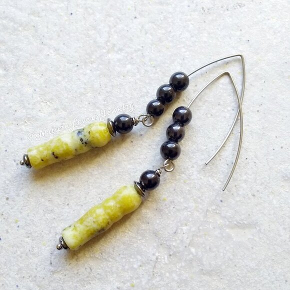 Extra Long 3"~ Yellow/Green/Black Sesame Jasper Dangle Earrings! Edgy + Eclectic - Picture 1 of 6